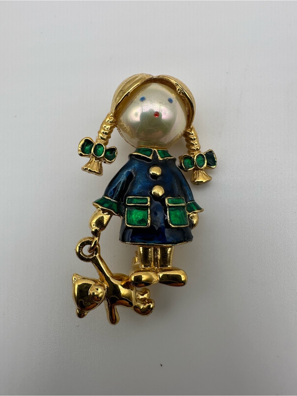 Gold-Tone Enamel Girl Brooch with Navy & Green Accents